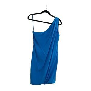 RAMY BROOK Jasmine One Shoulder Silk Bubble Hem Mino Dress Laguna Blue - Small